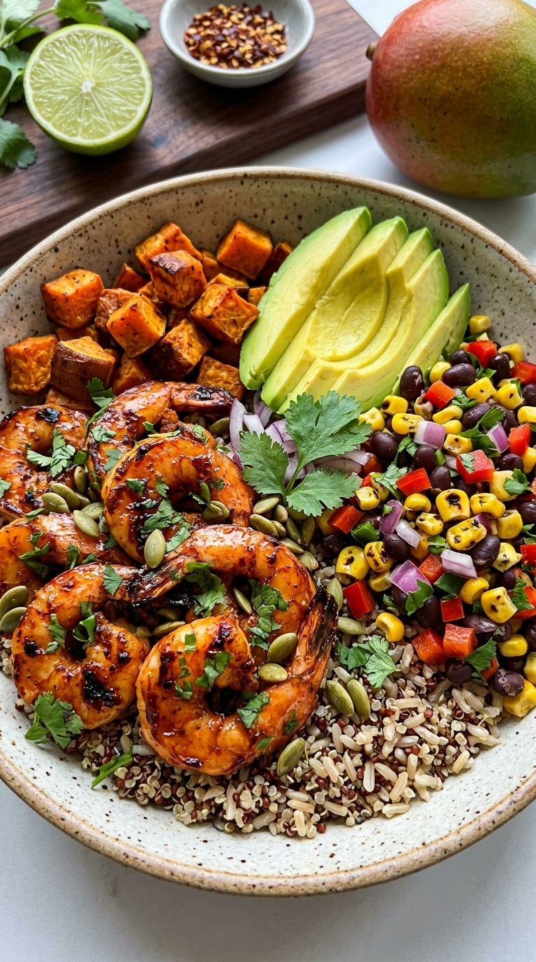 A close-up of a speckled bowl filled with quinoa, grilled shrimp, roasted sweet potato cubes, sliced avocado, and a black bean corn salsa, garnished with cilantro and pumpkin seeds.