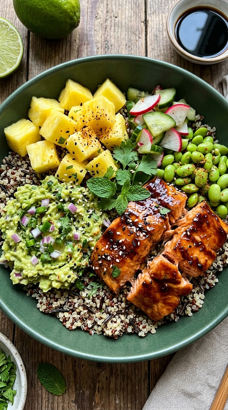 A green bowl filled with quinoa, salmon, avocado, pineapple, edamame, and vegetables.