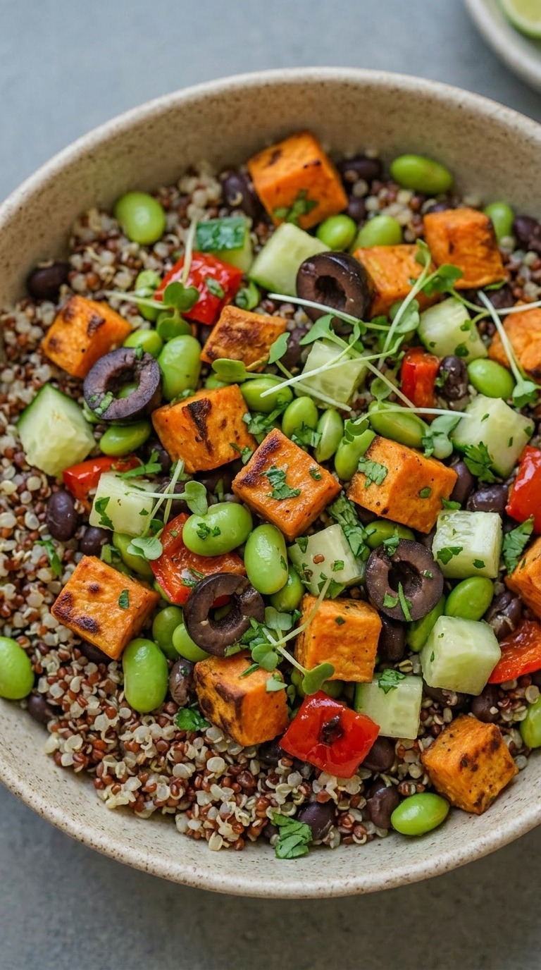 A close-up of a colorful grain bowl filled with roasted sweet potato cubes, quinoa, edamame, black beans, cucumber, red bell pepper, and black olives, garnished with microgreens.
