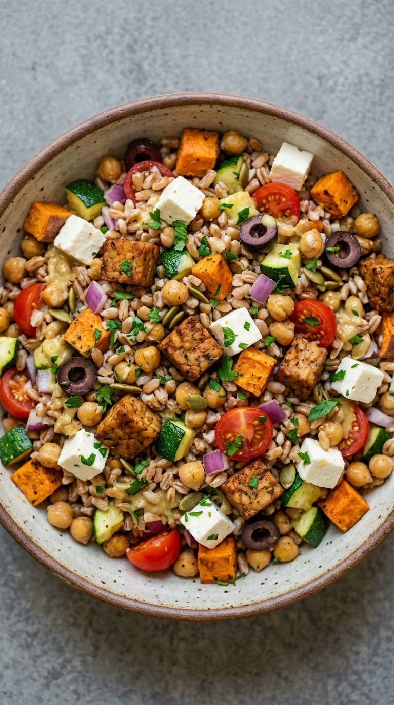 A top-down view of a rustic ceramic bowl filled with a grain salad containing farro, roasted sweet potato cubes, cubed tofu, chickpeas, cherry tomatoes, zucchini, red onion, black olives, feta cheese, and pumpkin seeds, garnished with fresh parsley.