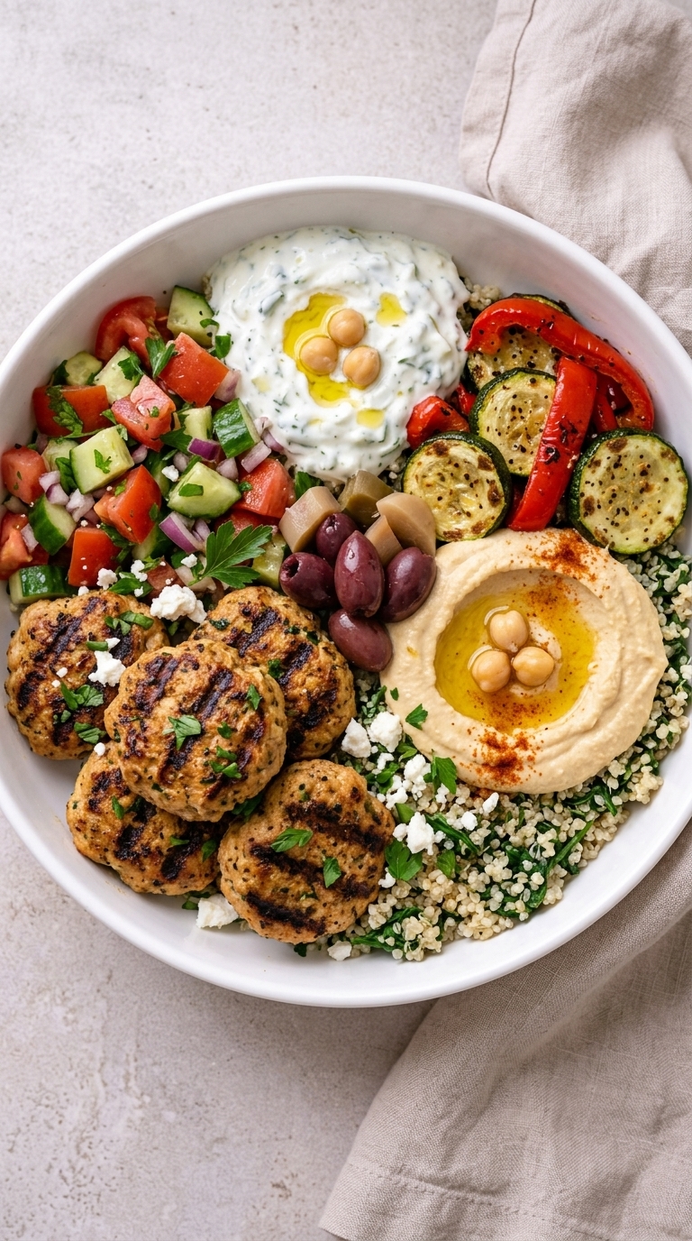 A white bowl filled with grilled meatballs, quinoa, hummus, tzatziki, and a colorful salad of cucumbers, tomatoes, and peppers.
