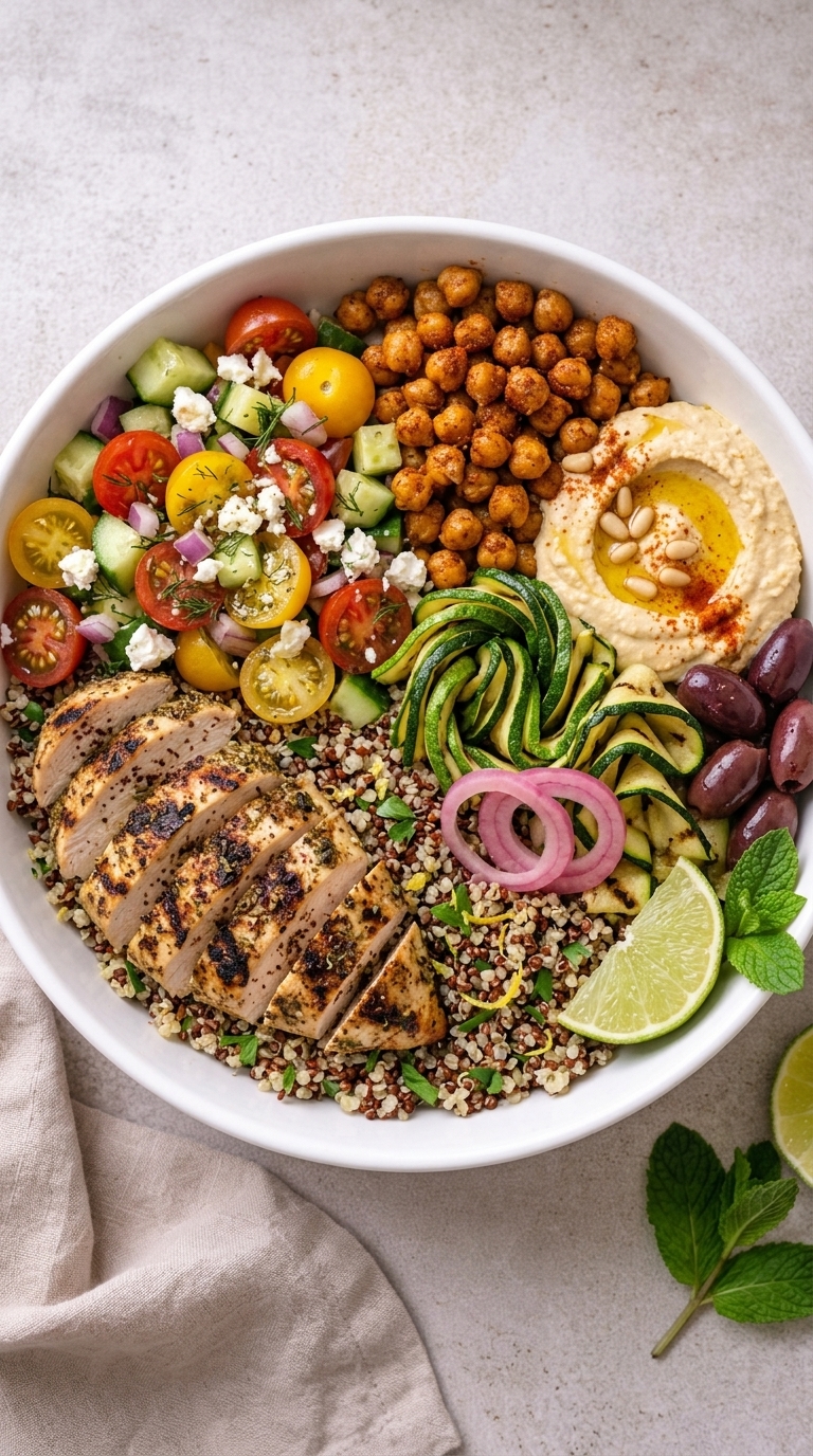 A white bowl filled with a colorful Mediterranean-style meal featuring sliced grilled chicken, quinoa, roasted chickpeas, a fresh tomato and cucumber salad, zucchini ribbons, olives, hummus, and a lime wedge.