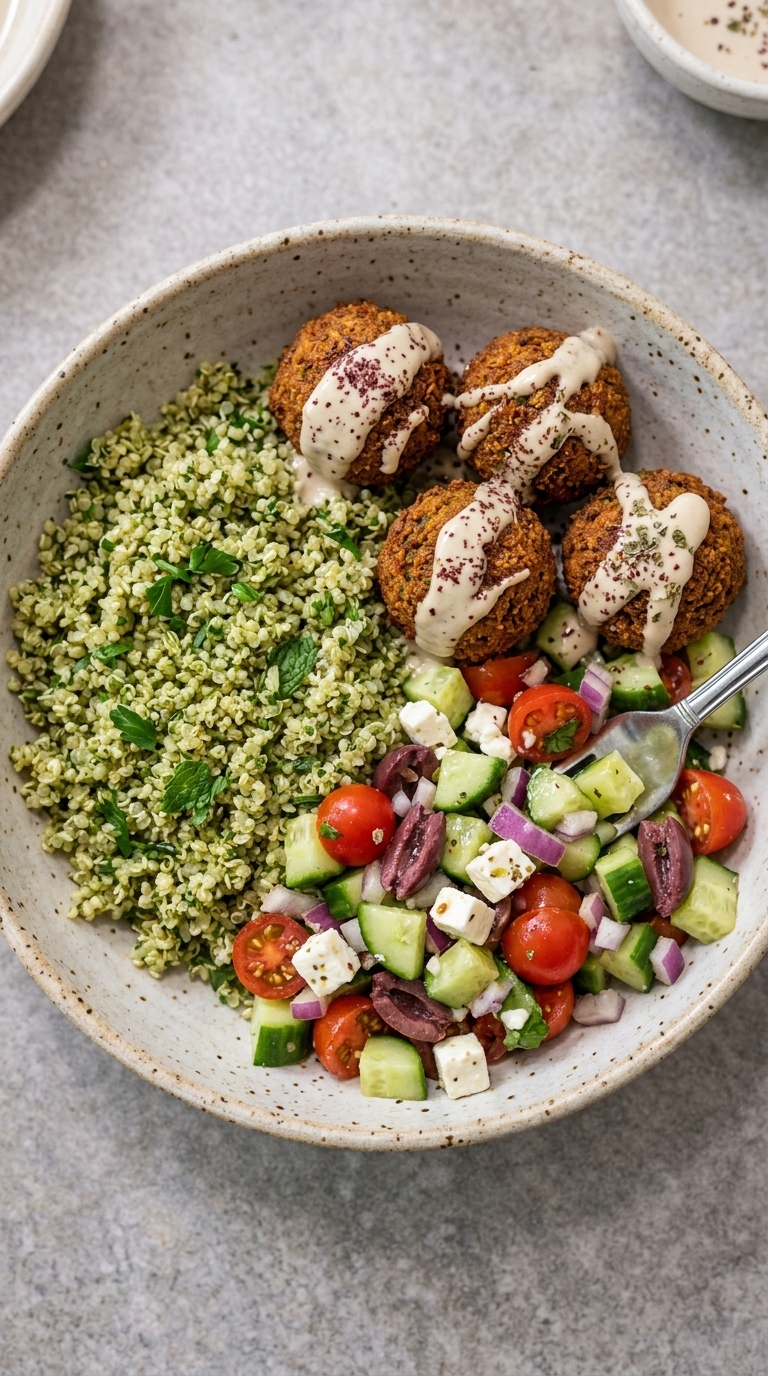 A top-down view of a speckled bowl containing four falafel balls drizzled with tahini, a side of green quinoa with mint, and a colorful Greek salad with tomatoes, cucumbers, olives, and feta.