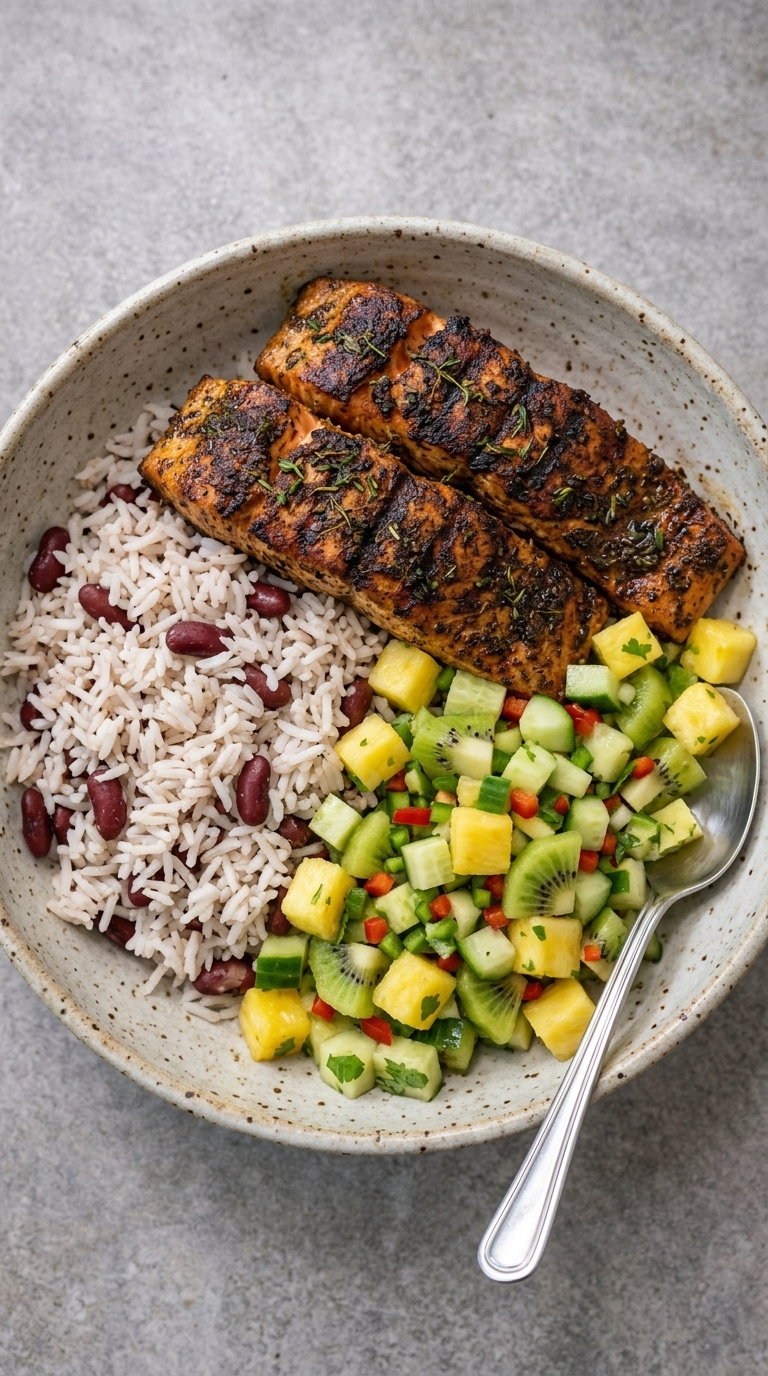 A bowl of grilled salmon, coconut rice with red beans, and a tropical fruit salad with pineapple, kiwi, and cucumber.