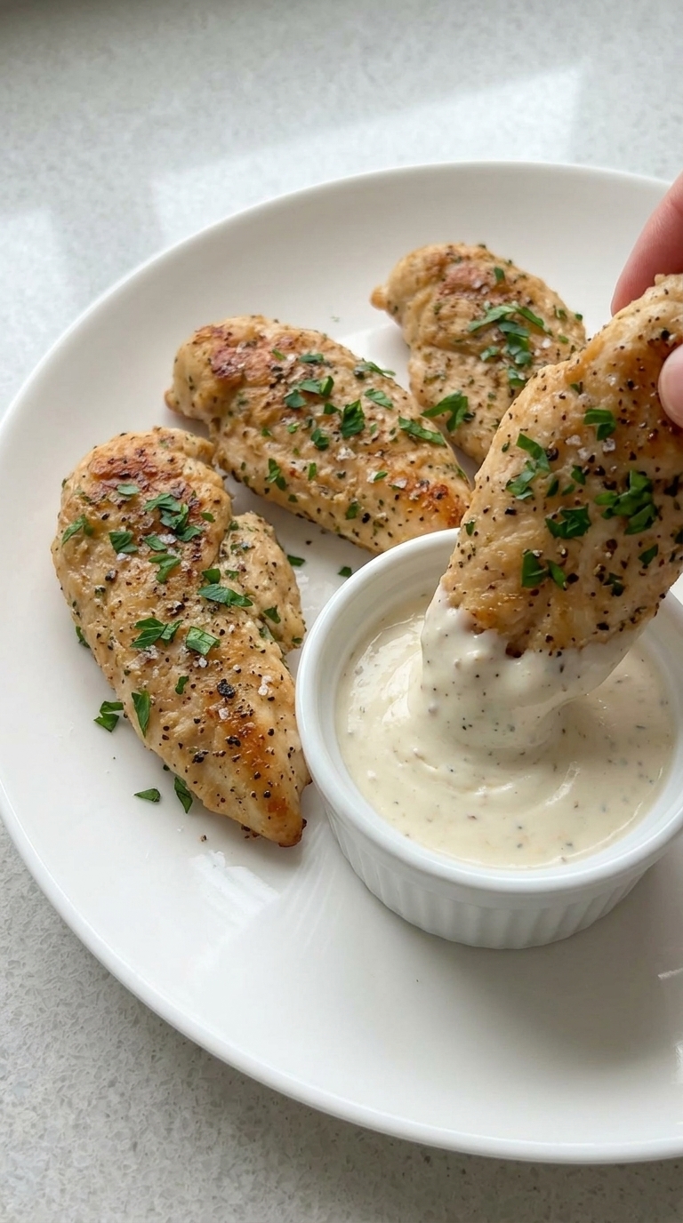 A hand dips a golden-brown chicken tender into a white creamy sauce, with three other tenders on a white plate garnished with herbs and spices.