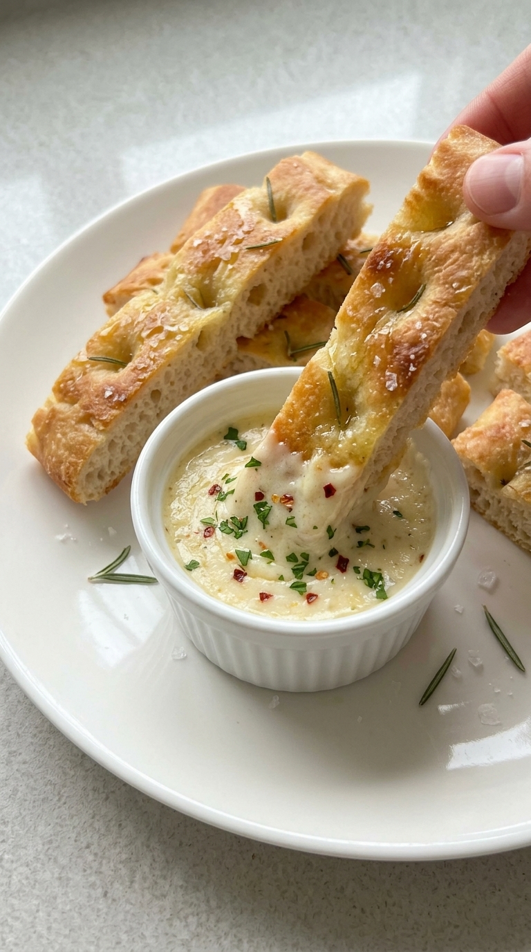 A hand dips a piece of focaccia bread into a small bowl of creamy dip, with more focaccia on a white plate.