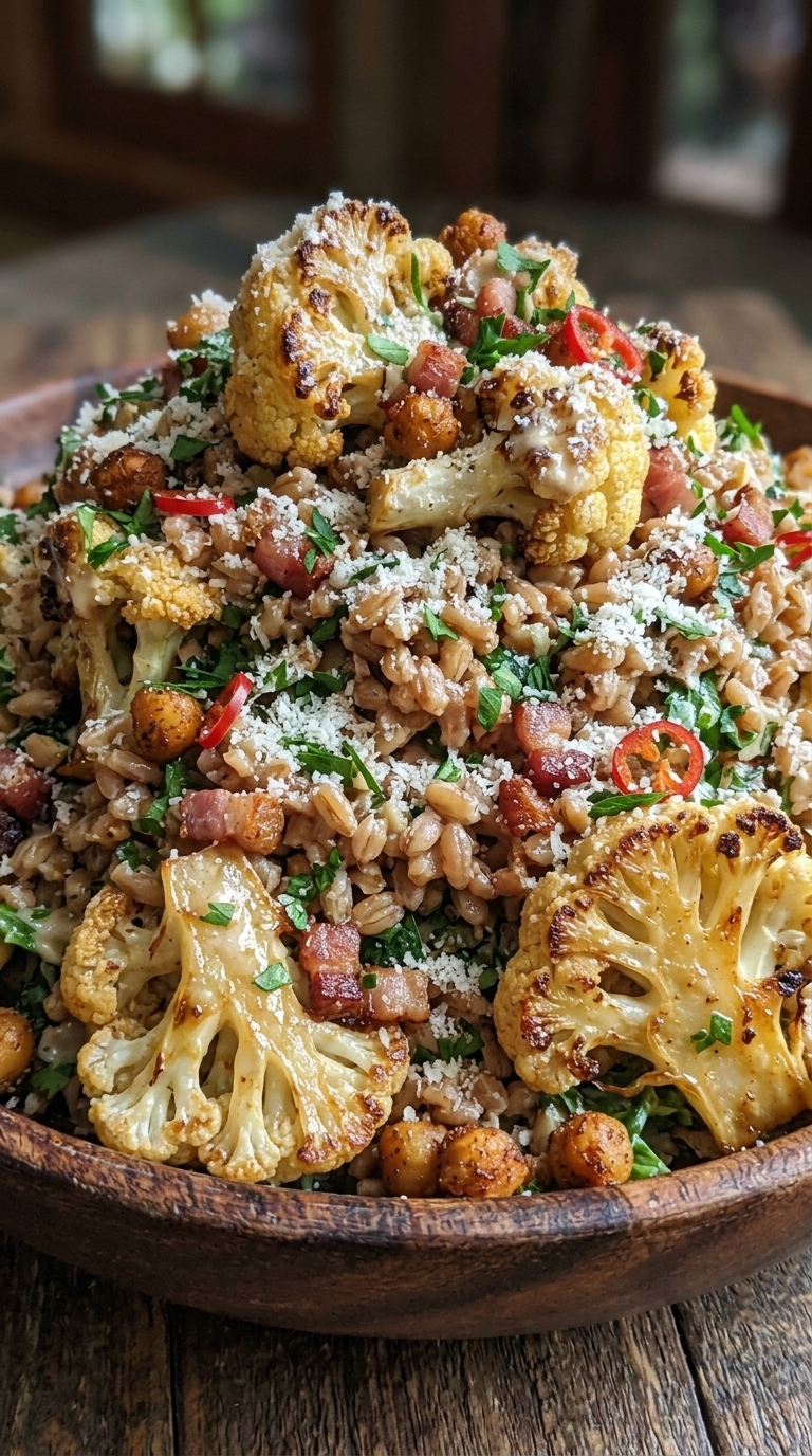 A vibrant salad with roasted cauliflower florets, farro grains, crispy bacon bits, chickpeas, and fresh herbs, garnished with red chili slices and grated parmesan cheese in a wooden bowl.