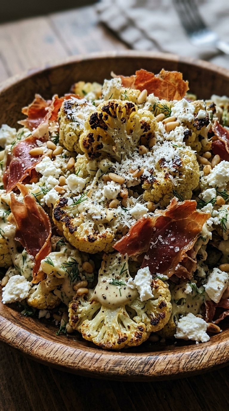 A wooden bowl filled with roasted cauliflower florets, thin slices of prosciutto, crumbled feta cheese, pine nuts, and fresh dill.