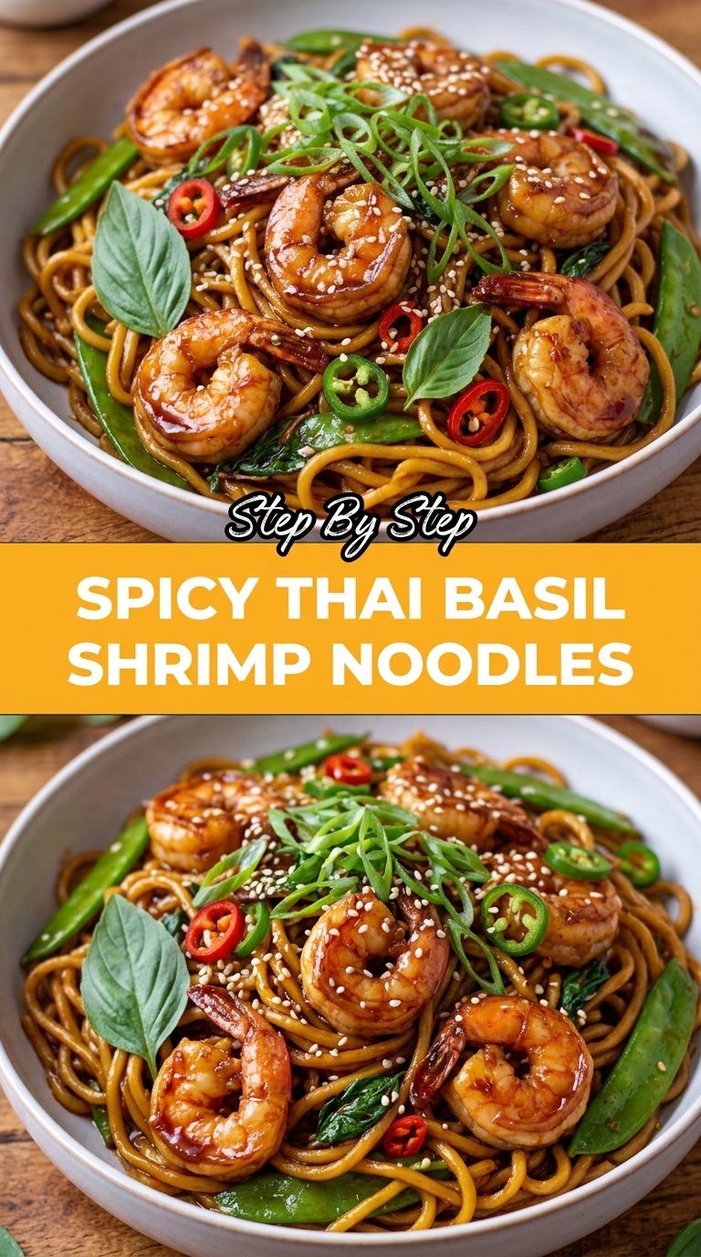 A bowl of spicy Thai basil shrimp noodles with shrimp, noodles, basil, and chilies.