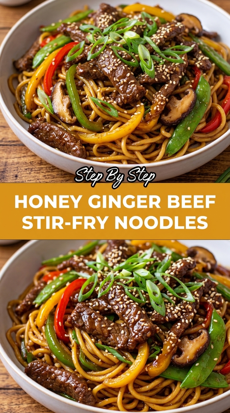A bowl of stir-fried noodles with beef, mushrooms, bell peppers, snow peas, and green onions.