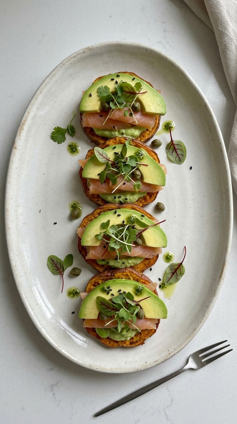 Four slices of sweet potato toast topped with smoked salmon, avocado, and microgreens on a white platter.