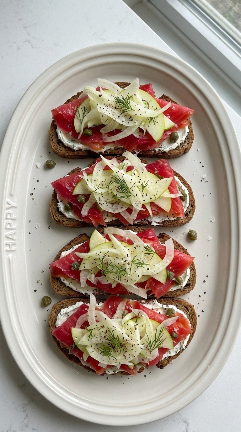 Four slices of toasted bread topped with cream cheese, smoked salmon, capers, fennel, apple, and dill on a white platter.