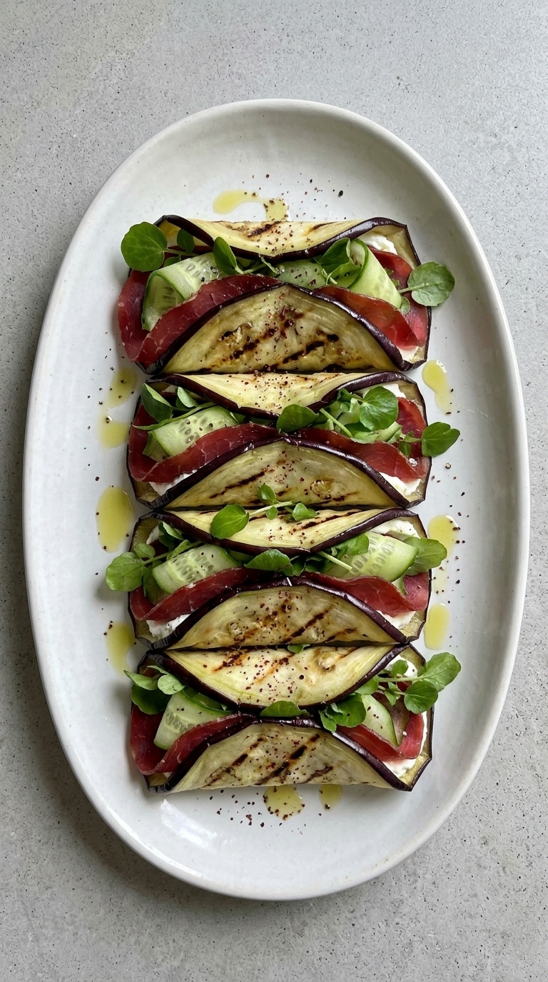 Four grilled eggplant rolls filled with prosciutto, cucumber, and microgreens on a white plate.