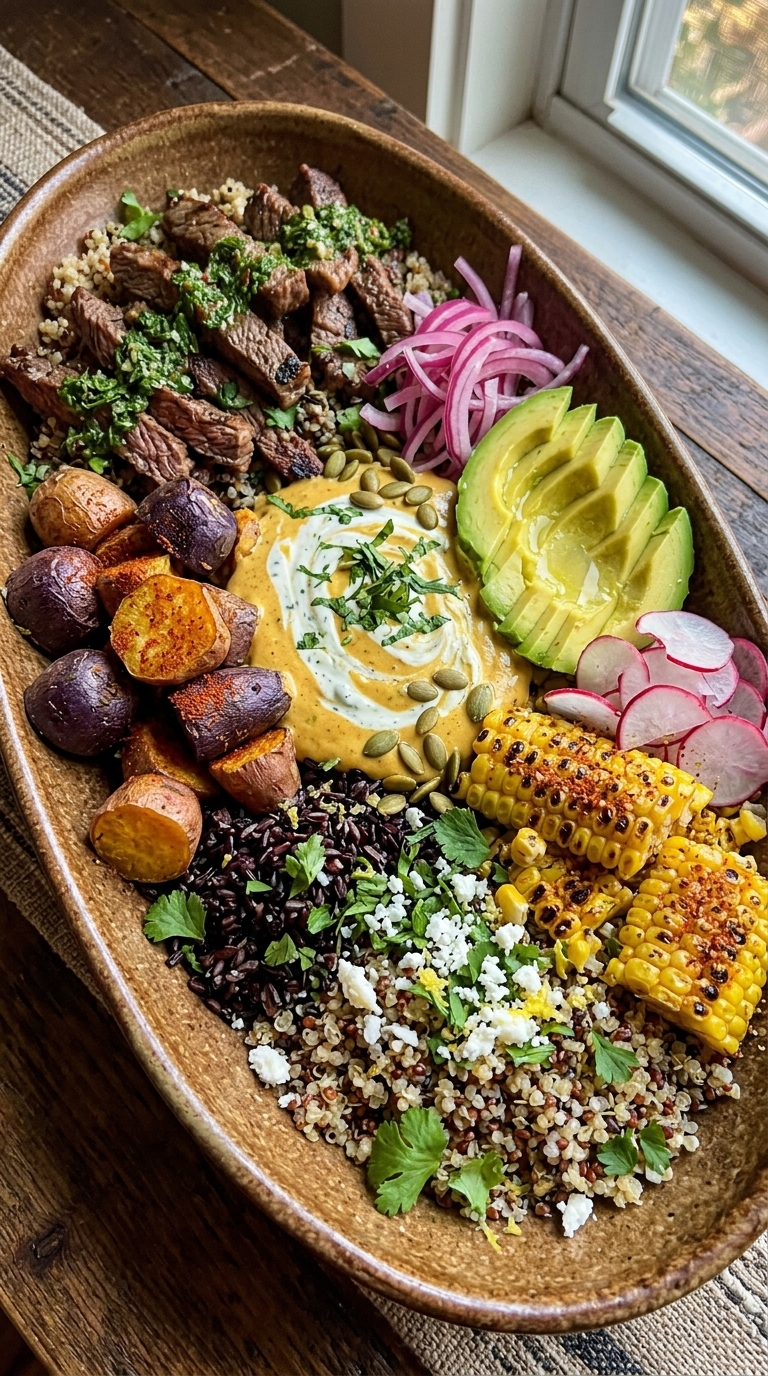 A colorful grain bowl with steak, roasted vegetables, corn, avocado, and a creamy sauce.