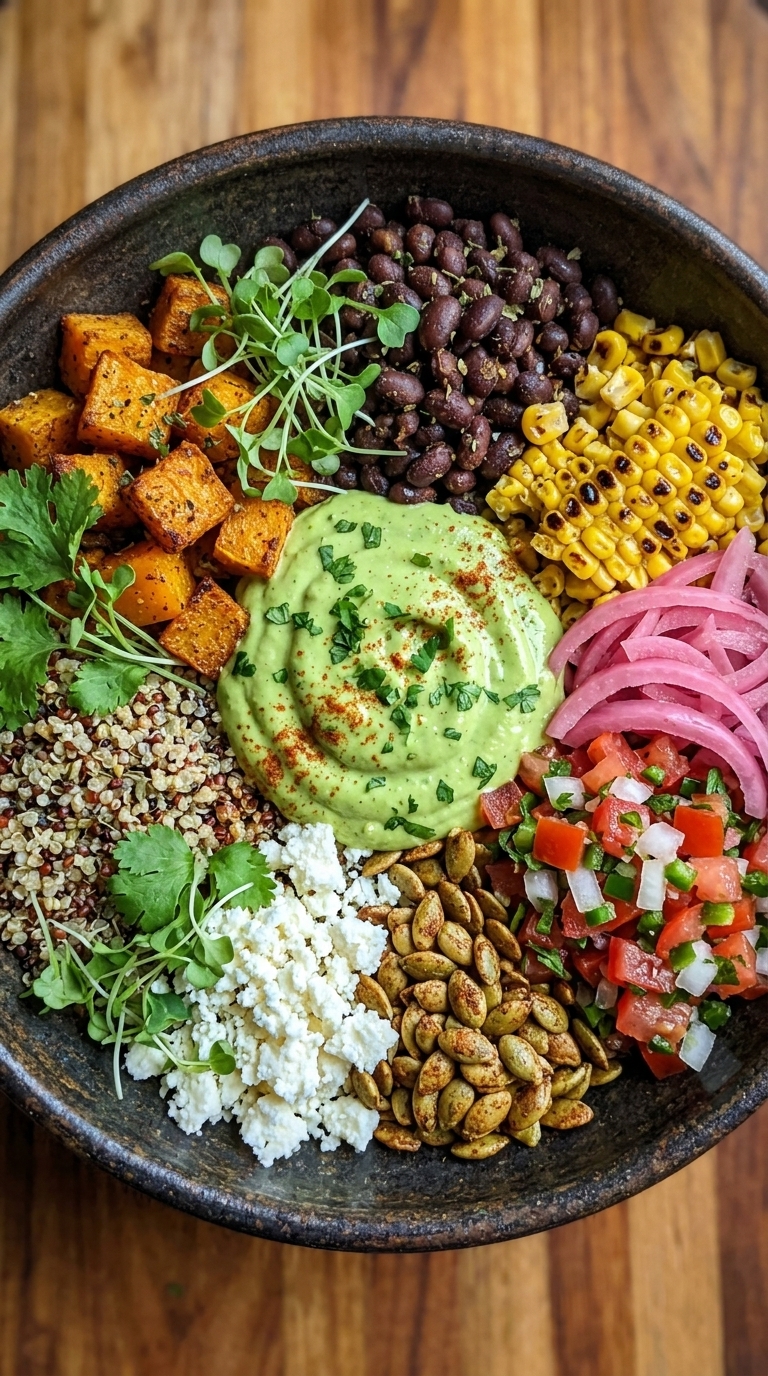 A colorful bowl featuring roasted sweet potatoes, black beans, corn, quinoa, guacamole, and fresh vegetables.