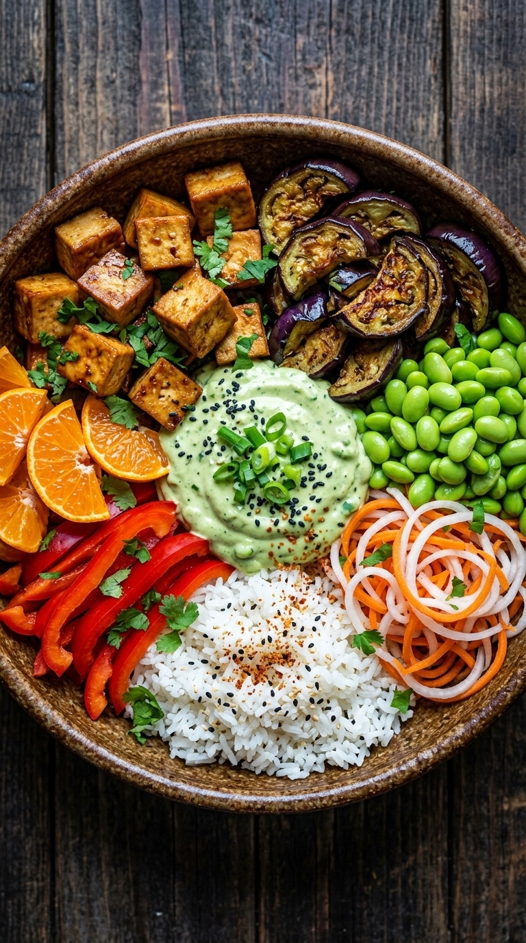 A top-down view of a brown ceramic bowl filled with white rice, roasted tofu, grilled eggplant, edamame, red peppers, orange slices, and a green sauce.