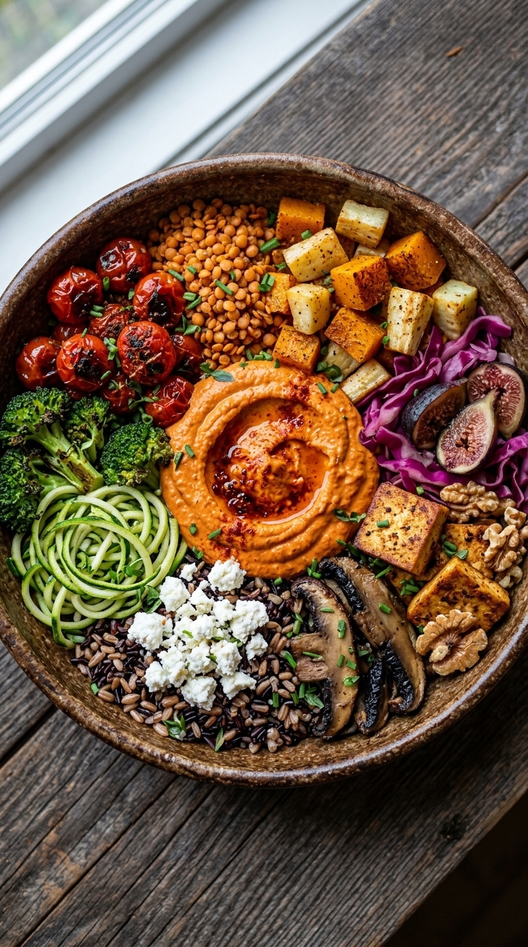 A colorful bowl filled with roasted vegetables, lentils, hummus, and fresh ingredients.