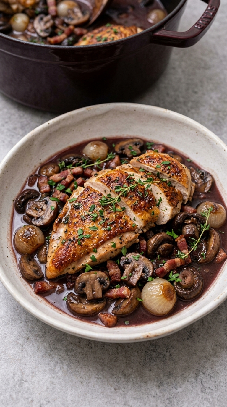 A bowl of sliced roasted chicken served over mushrooms, bacon, and pearl onions in a dark sauce, garnished with fresh thyme.