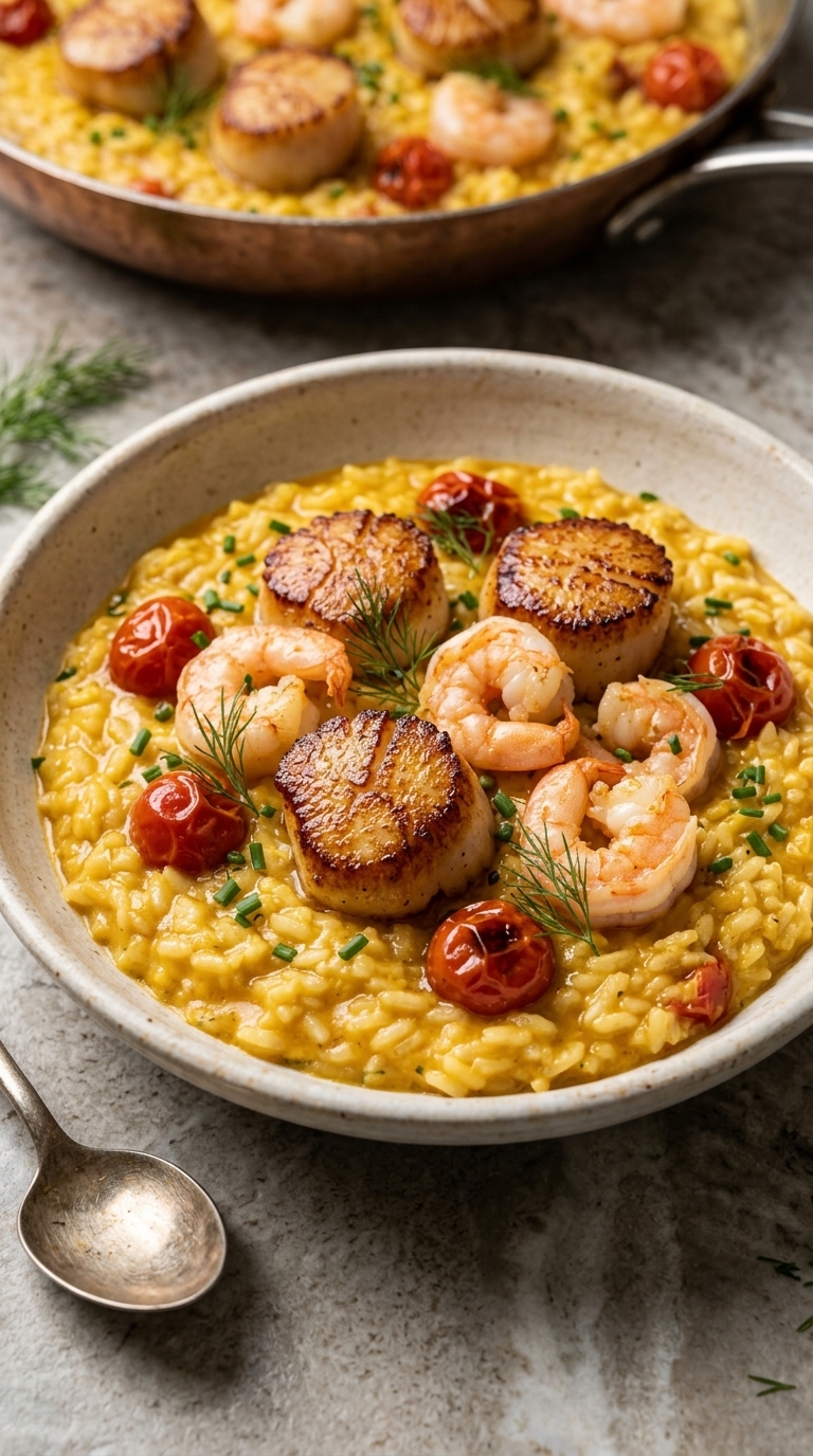 A bowl of yellow risotto with seared scallops, shrimp, cherry tomatoes, and herbs, with a pan of the same dish in the background.