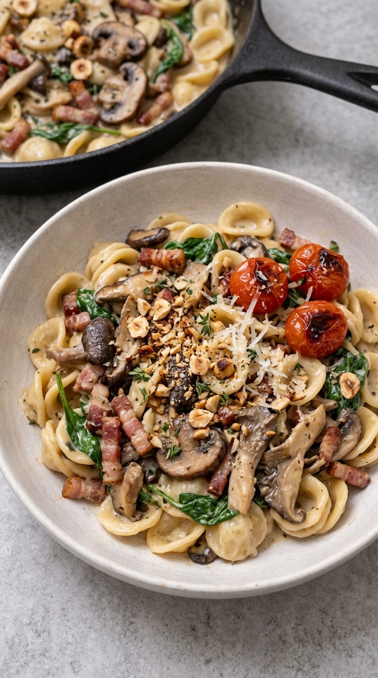 A bowl of creamy penne pasta with mushrooms, bacon, spinach, and roasted tomatoes, served in a white bowl with a skillet in the background.