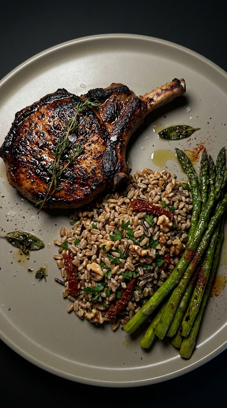 A grilled pork chop with a charred crust sits on a plate next to a mound of barley wild rice stuffing with walnuts and sun-dried tomatoes, accompanied by roasted asparagus spears.