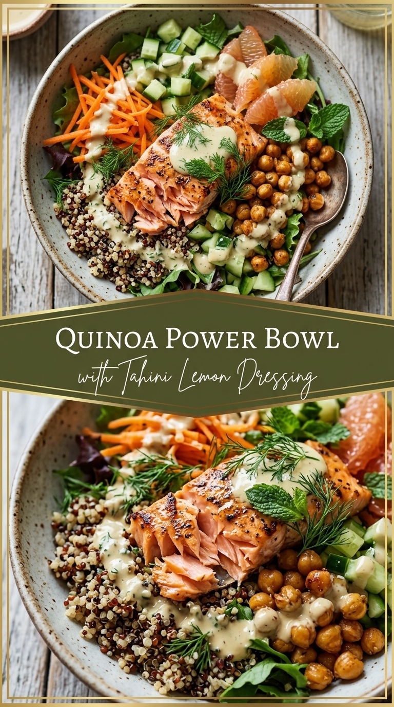 A close-up of a colorful quinoa power bowl with grilled salmon, chickpeas, cucumbers, carrots, and citrus segments, drizzled with dressing.