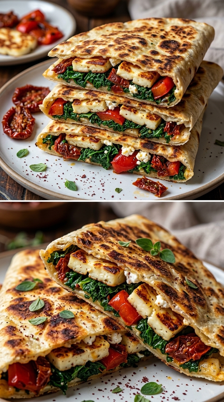 Stacked grilled pita pockets filled with halloumi, spinach, tomatoes, and feta cheese, garnished with fresh herbs.