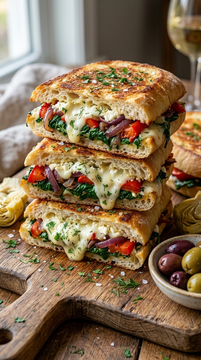 Stacked grilled vegetable sandwiches with melted cheese and fresh herbs on a wooden board.