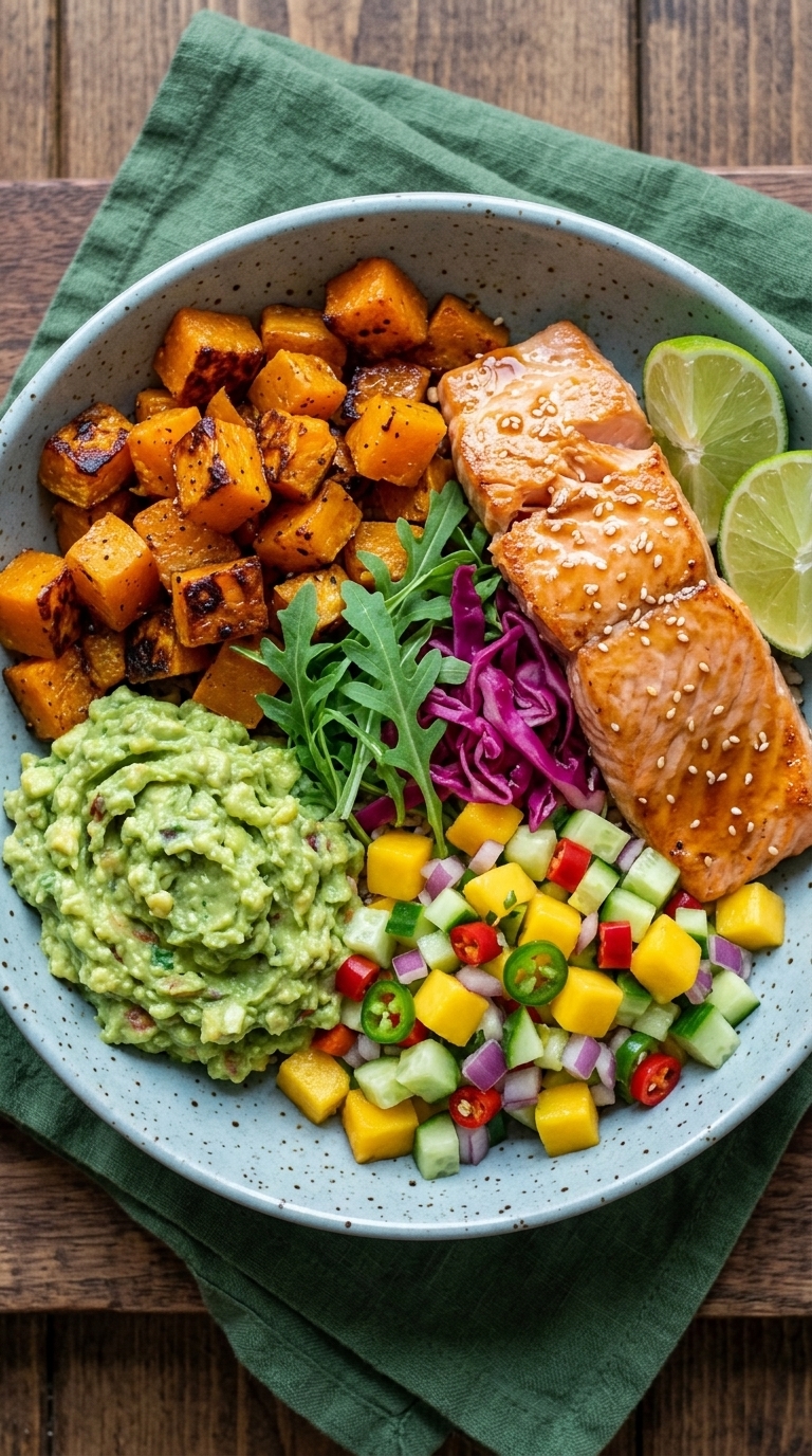A colorful bowl with grilled salmon, roasted sweet potato cubes, guacamole, mango salsa, and lime wedges.
