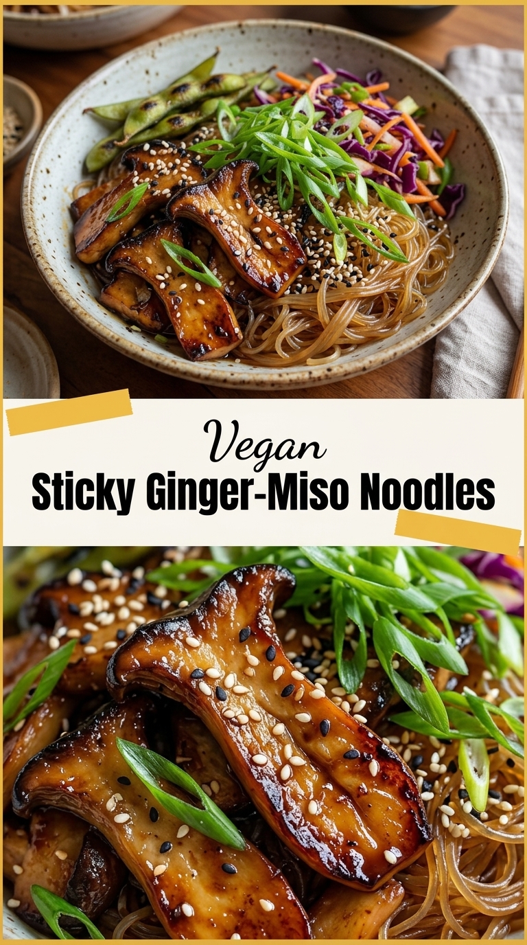 A bowl of vegan sticky ginger-miso noodles topped with glazed mushrooms, edamame, and fresh vegetables.