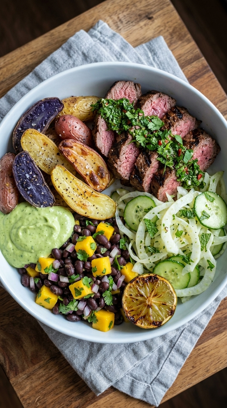 A white bowl filled with sliced grilled steak, roasted potatoes, black beans, mango salsa, cucumber salad, and a green sauce.