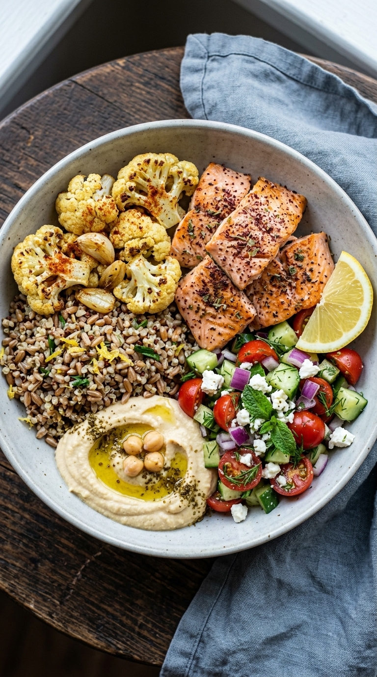 A colorful bowl with grilled salmon, roasted cauliflower, quinoa, hummus, and a side salad with tomatoes, cucumbers, and feta.
