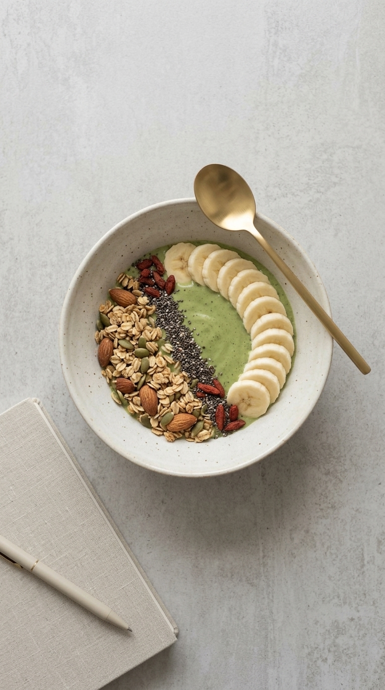A white bowl filled with green smoothie and topped with sliced bananas, granola, almonds, chia seeds, and goji berries, with a gold spoon resting on the rim.