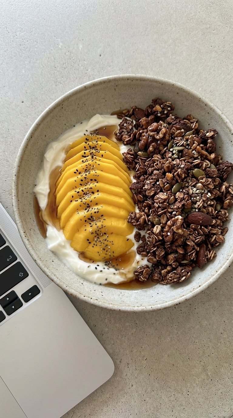 A bowl of yogurt with sliced mango and granola, served next to a laptop.