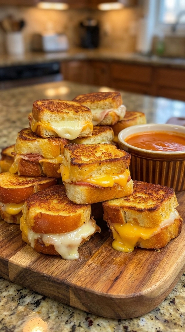 Stacked grilled cheese sandwiches with melted cheese and ham on a wooden board, next to a bowl of tomato soup.
