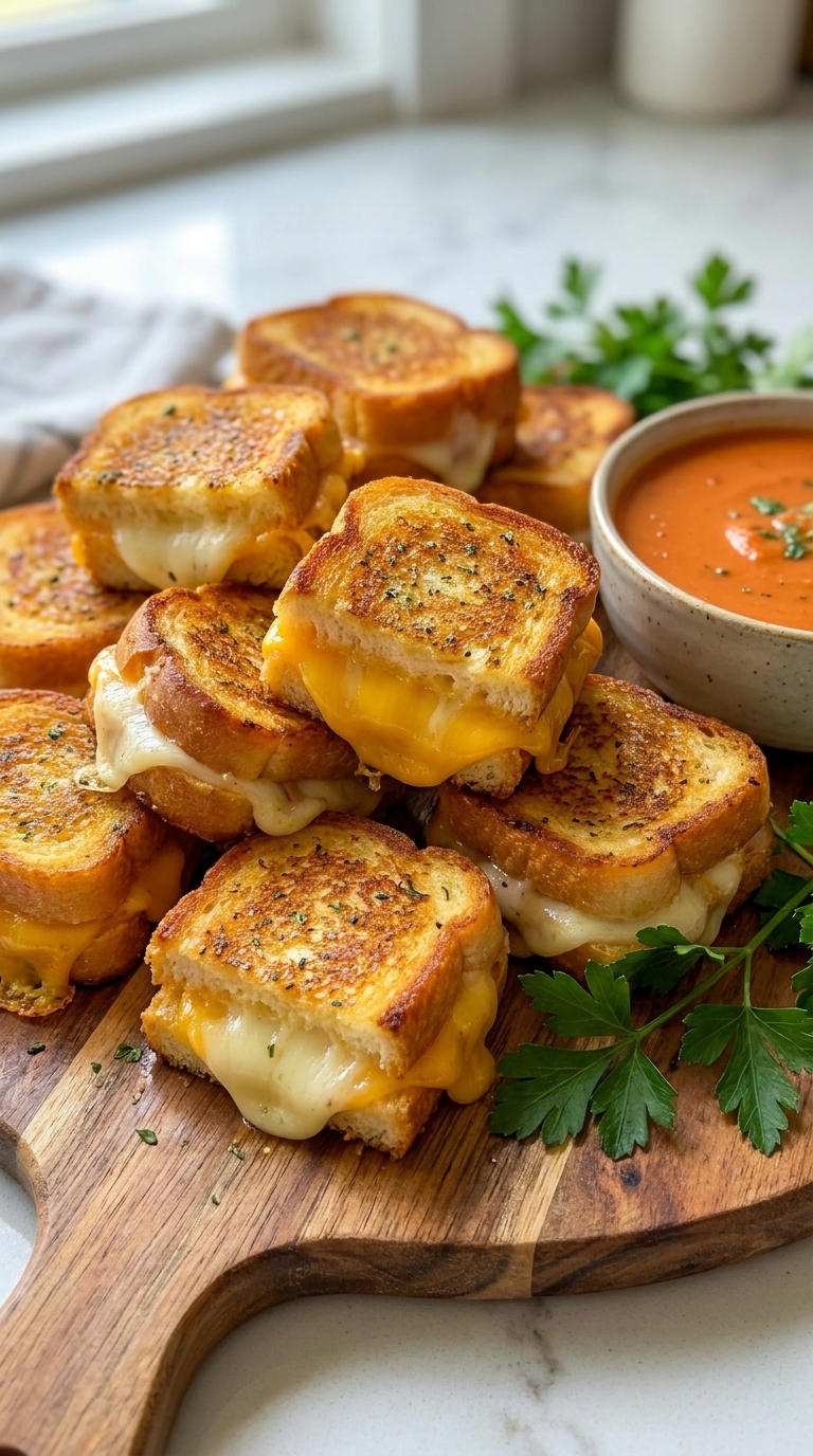 Stacked grilled cheese sandwiches with melted cheese and a bowl of tomato soup on a wooden board.