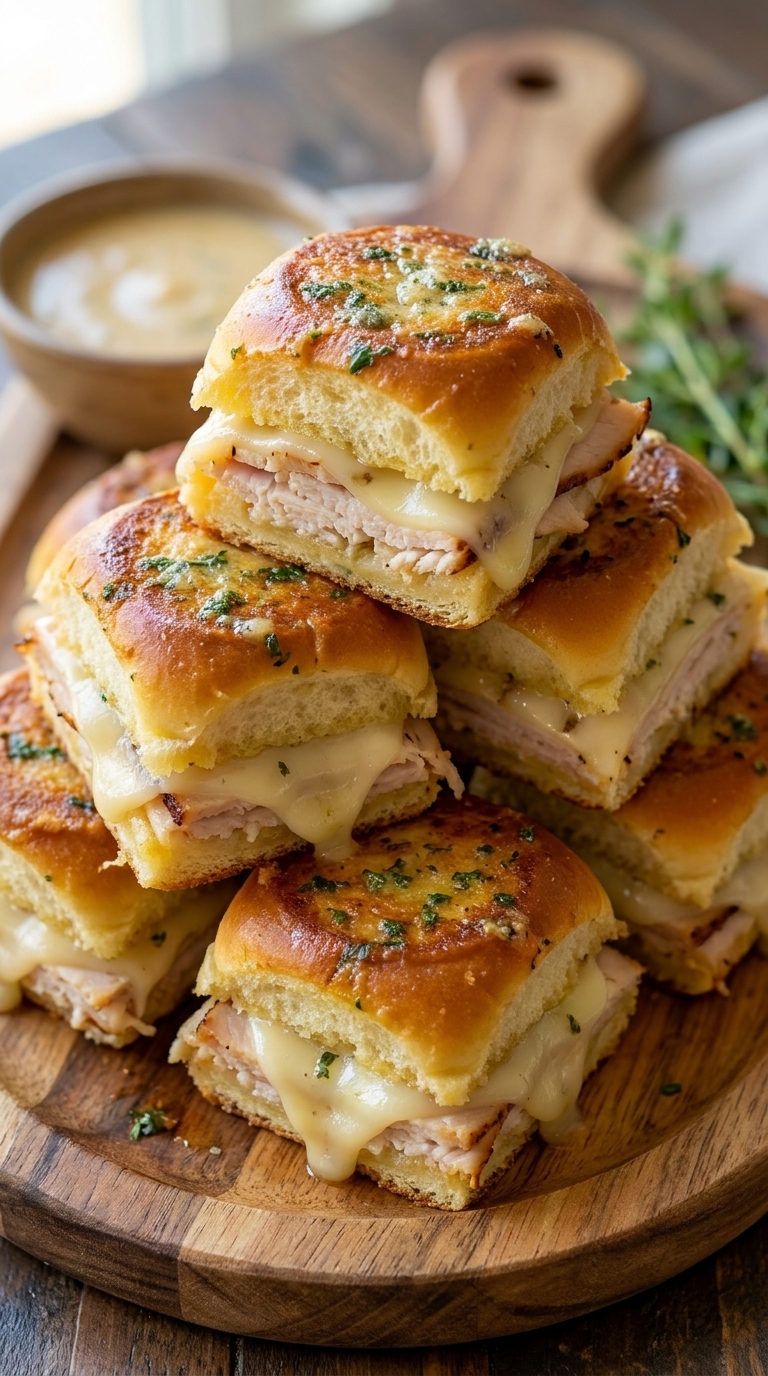 Stack of turkey and cheese sliders on a wooden board with a dipping sauce.