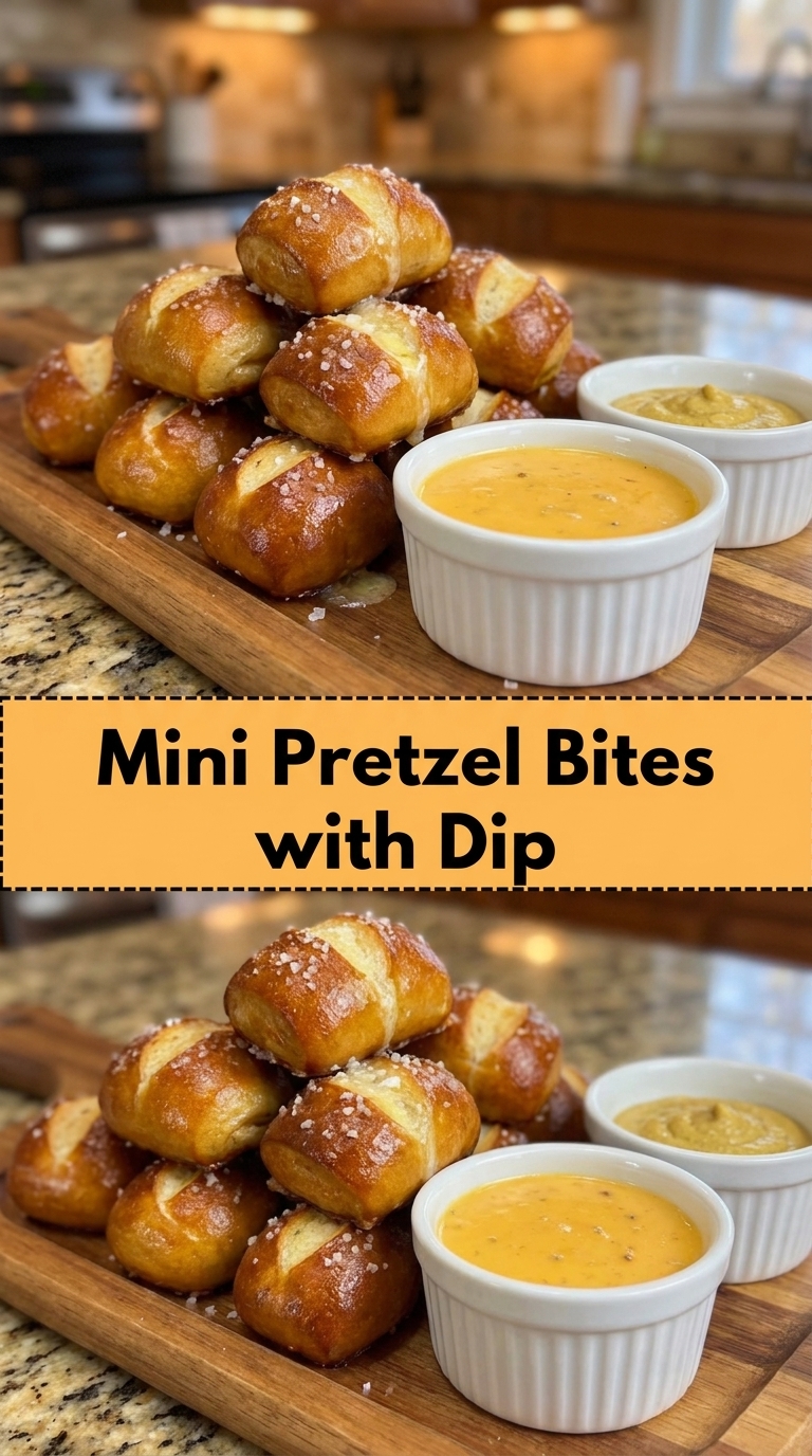 Stacked mini pretzel bites with two ramekins of dip on a wooden board.