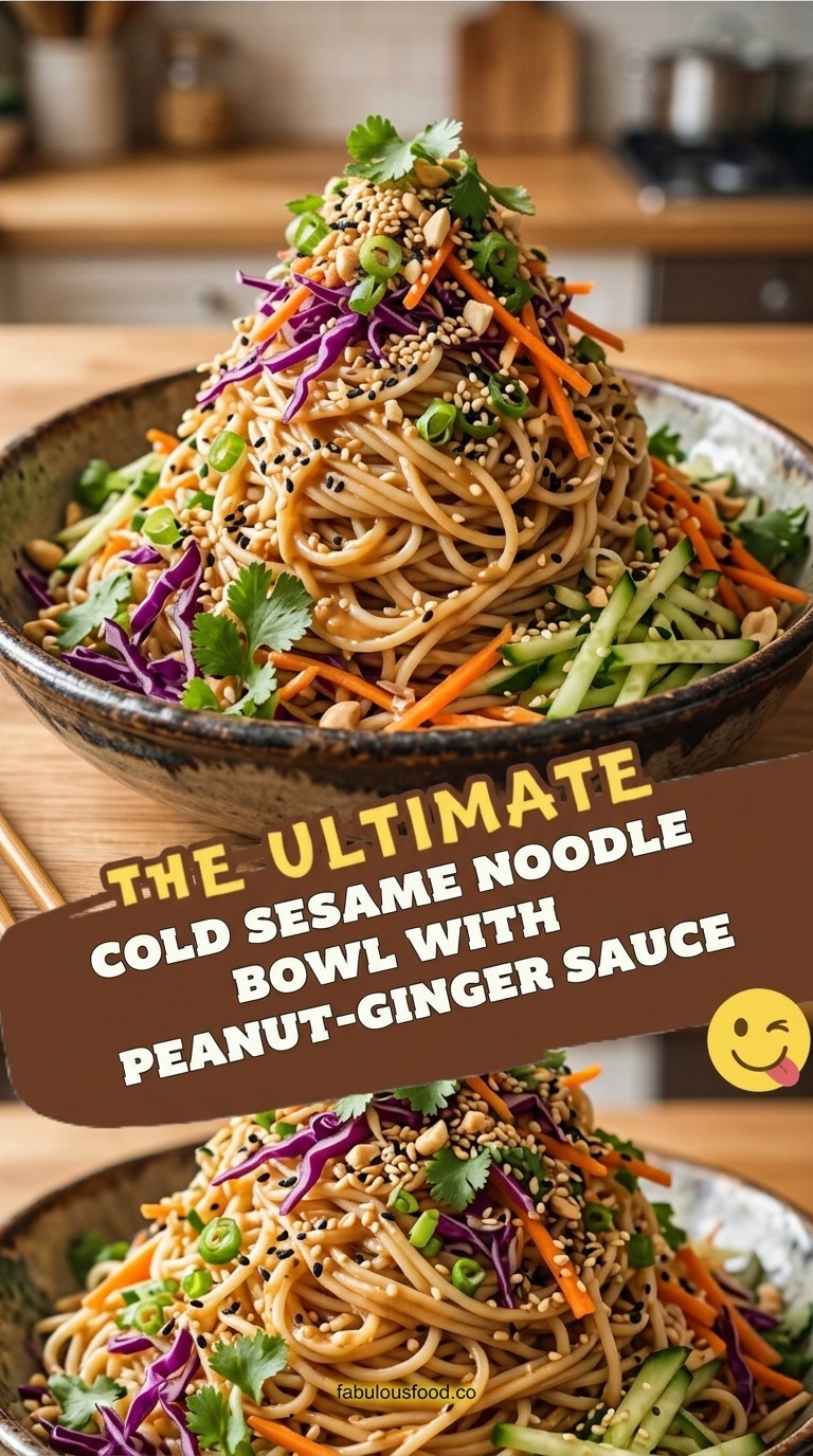 A towering bowl of cold sesame noodles garnished with shredded purple cabbage, julienned carrots, cucumber, peanuts, sesame seeds, green onions, and cilantro.