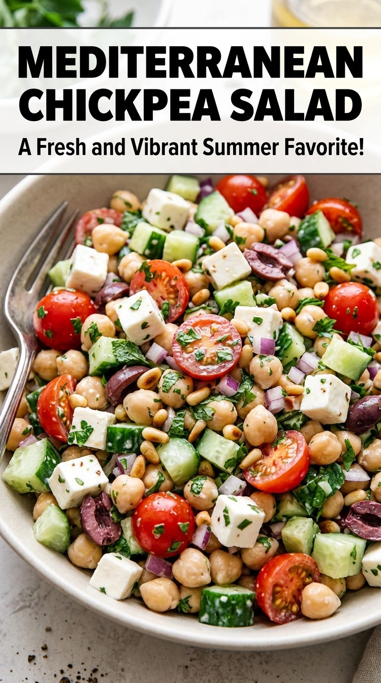 A colorful bowl of Mediterranean chickpea salad with chickpeas, feta cheese, cucumbers, cherry tomatoes, red onions, olives, and pine nuts.