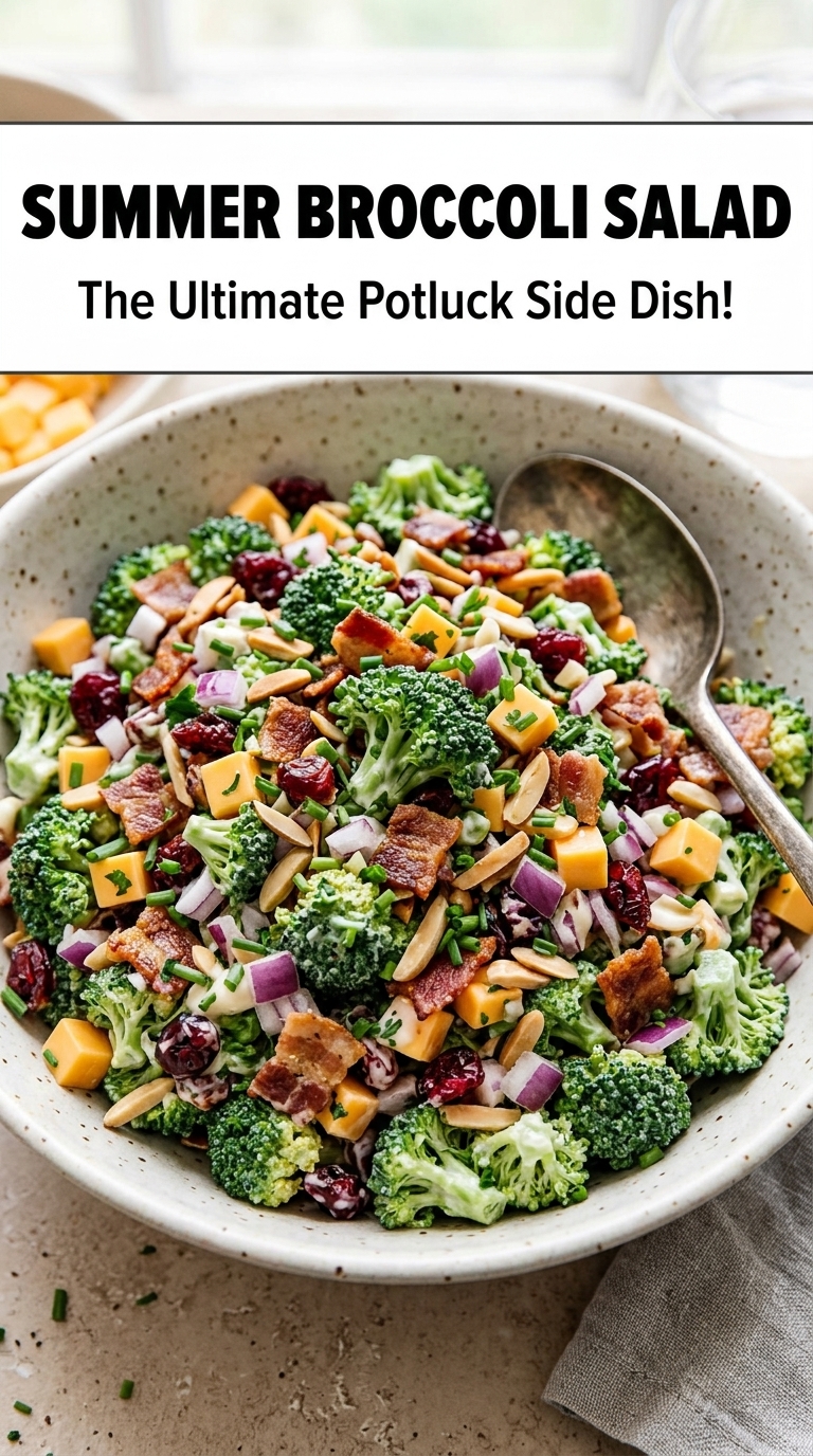A bowl of summer broccoli salad with broccoli florets, bacon bits, cheese cubes, dried cranberries, sliced almonds, red onion, and chives in a creamy dressing.