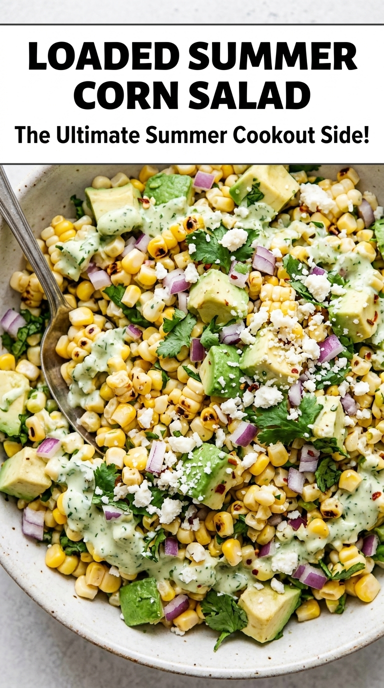 A close-up of a bowl of loaded summer corn salad with grilled corn, avocado, red onion, cilantro, feta cheese, and a creamy green dressing.