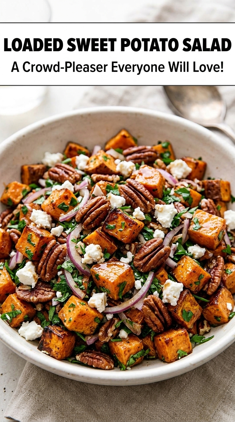 A bowl of loaded sweet potato salad with roasted cubes, pecans, feta cheese, red onion, and herbs.