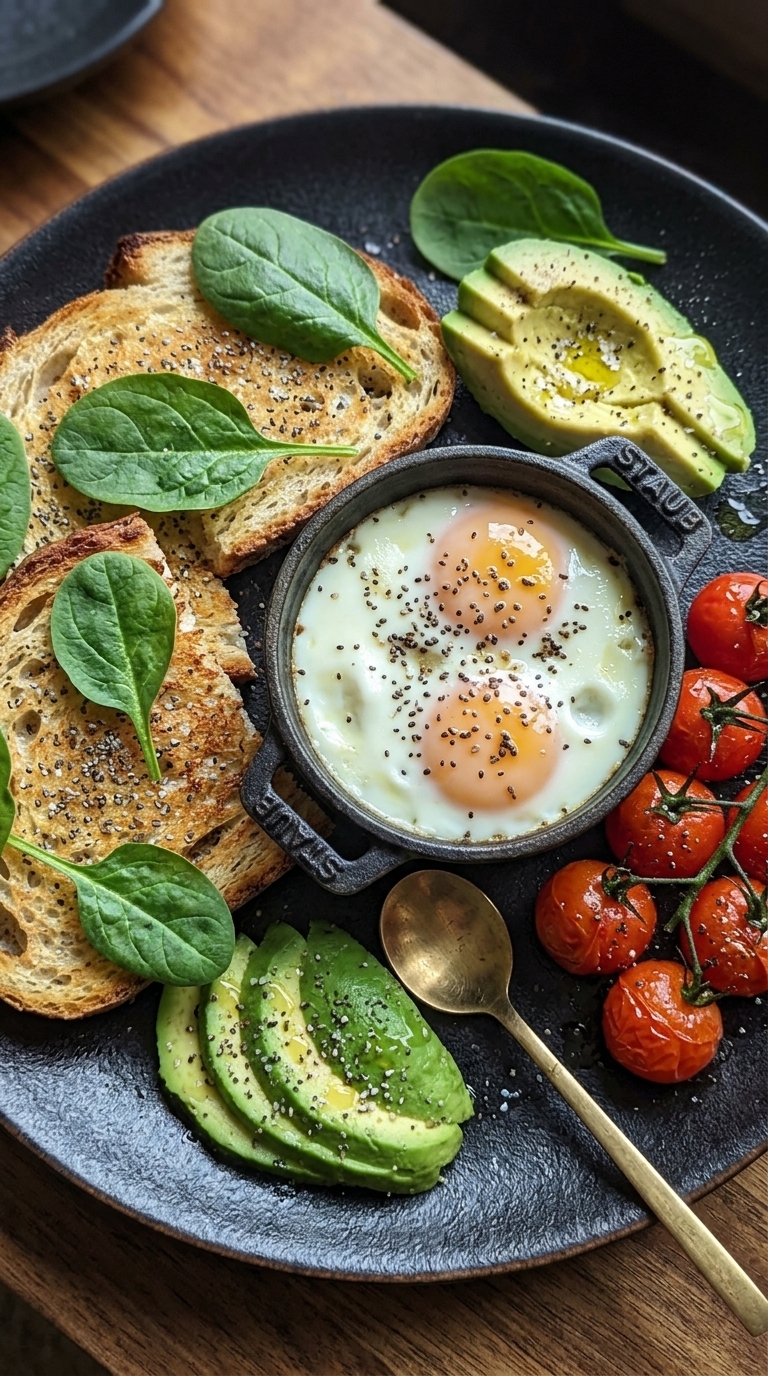 A dark plate with toasted sourdough bread topped with spinach and chia seeds, a small cast-iron pot with two poached eggs, sliced avocado, and roasted cherry tomatoes on the vine.