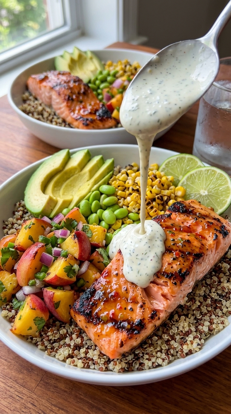 A close-up of a white bowl filled with quinoa, grilled salmon, avocado, corn, edamame, and peach salsa, with a creamy sauce being poured over the salmon.