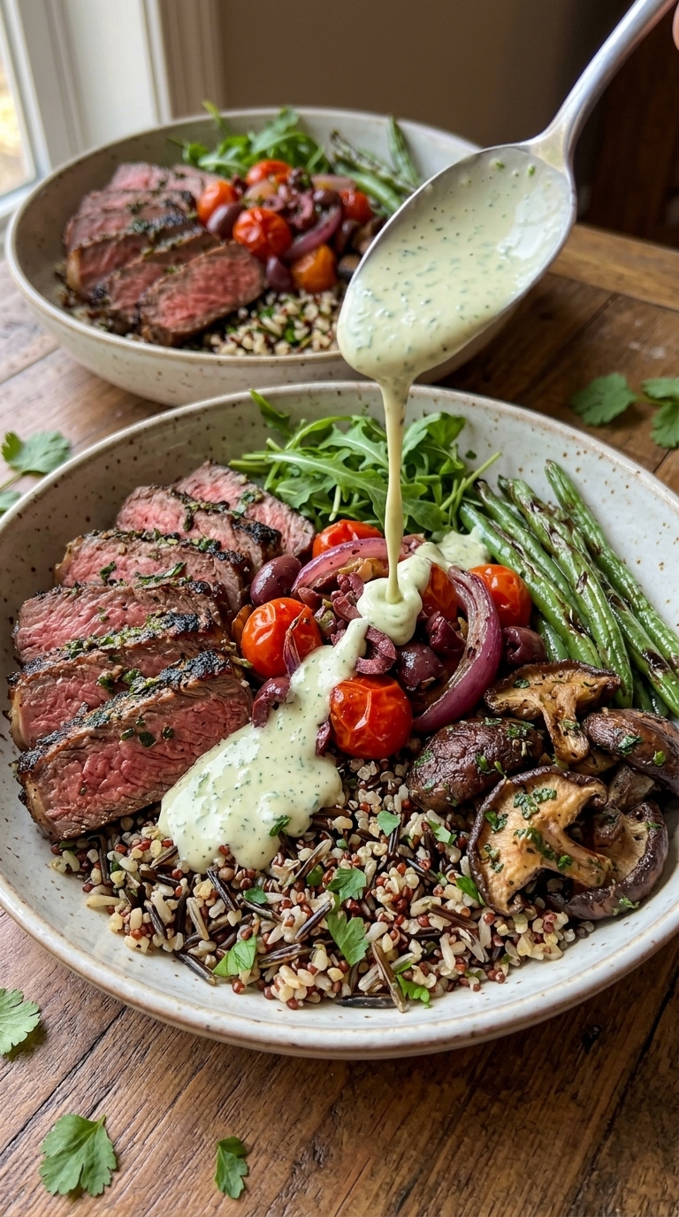 A close-up of a bowl with sliced grilled steak, quinoa, green beans, mushrooms, tomatoes, and a creamy dressing being poured over it.