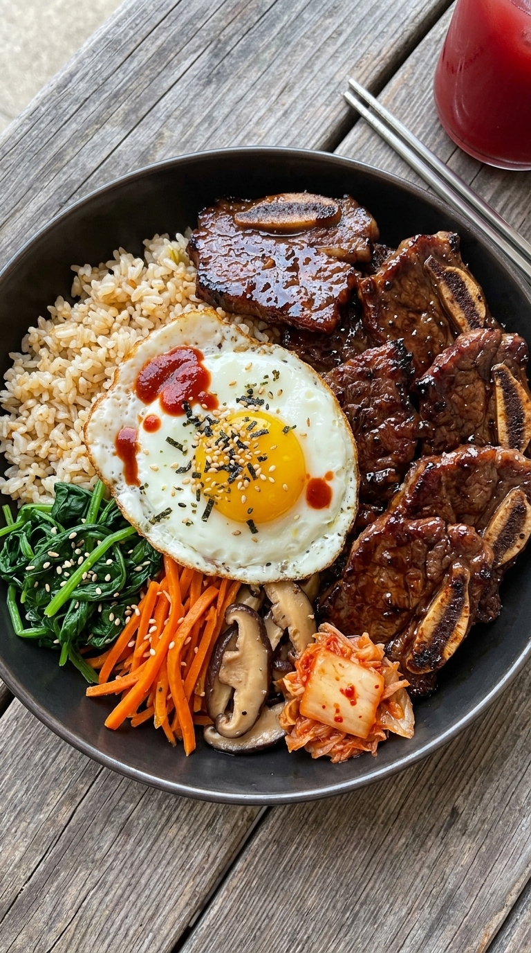 A close-up of a black bowl filled with Korean beef bibimbap, featuring brown rice, glazed beef short ribs, a fried egg with red sauce and sesame seeds, sautéed spinach, shredded carrots, mushrooms, and kimchi.