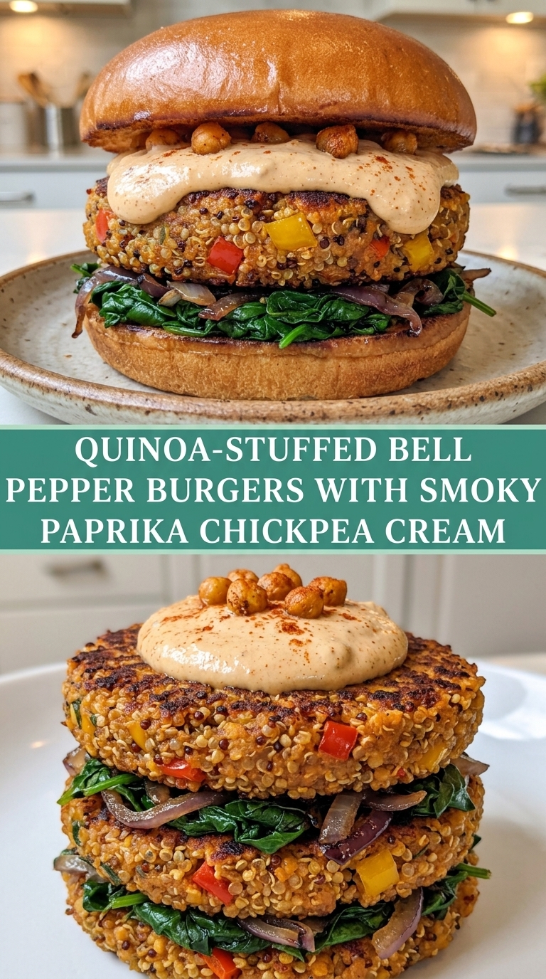 Stacked quinoa-stuffed bell pepper burgers with spinach, red onion, and creamy sauce.