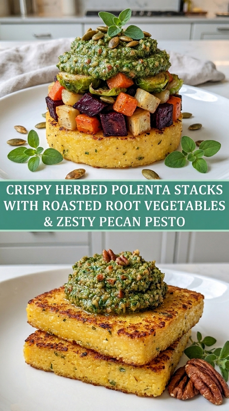 Stacked polenta cakes topped with roasted vegetables and green pesto, garnished with herbs and seeds.