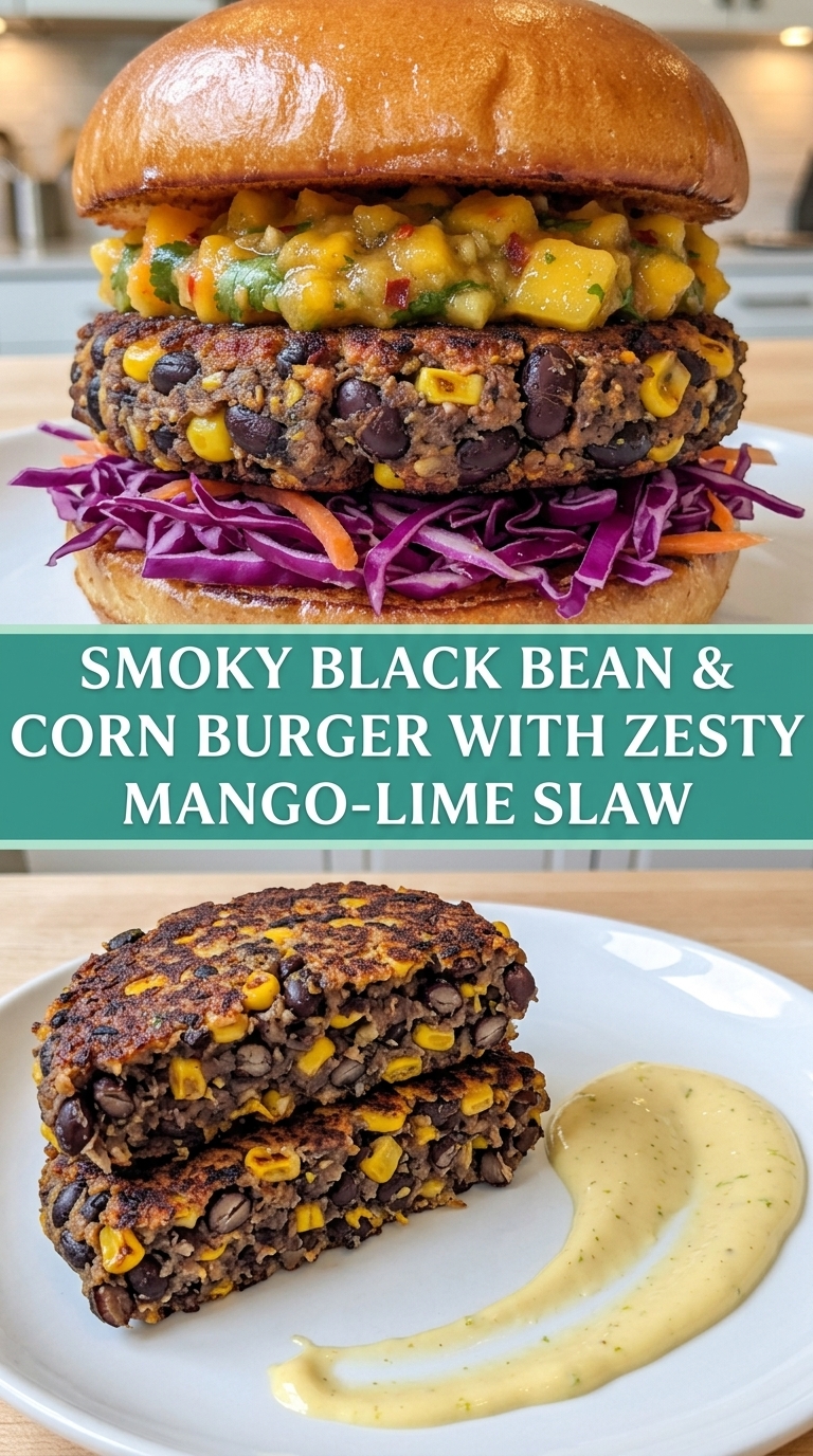 A close-up of a black bean and corn burger with mango-lime slaw, served on a bun with purple cabbage slaw.